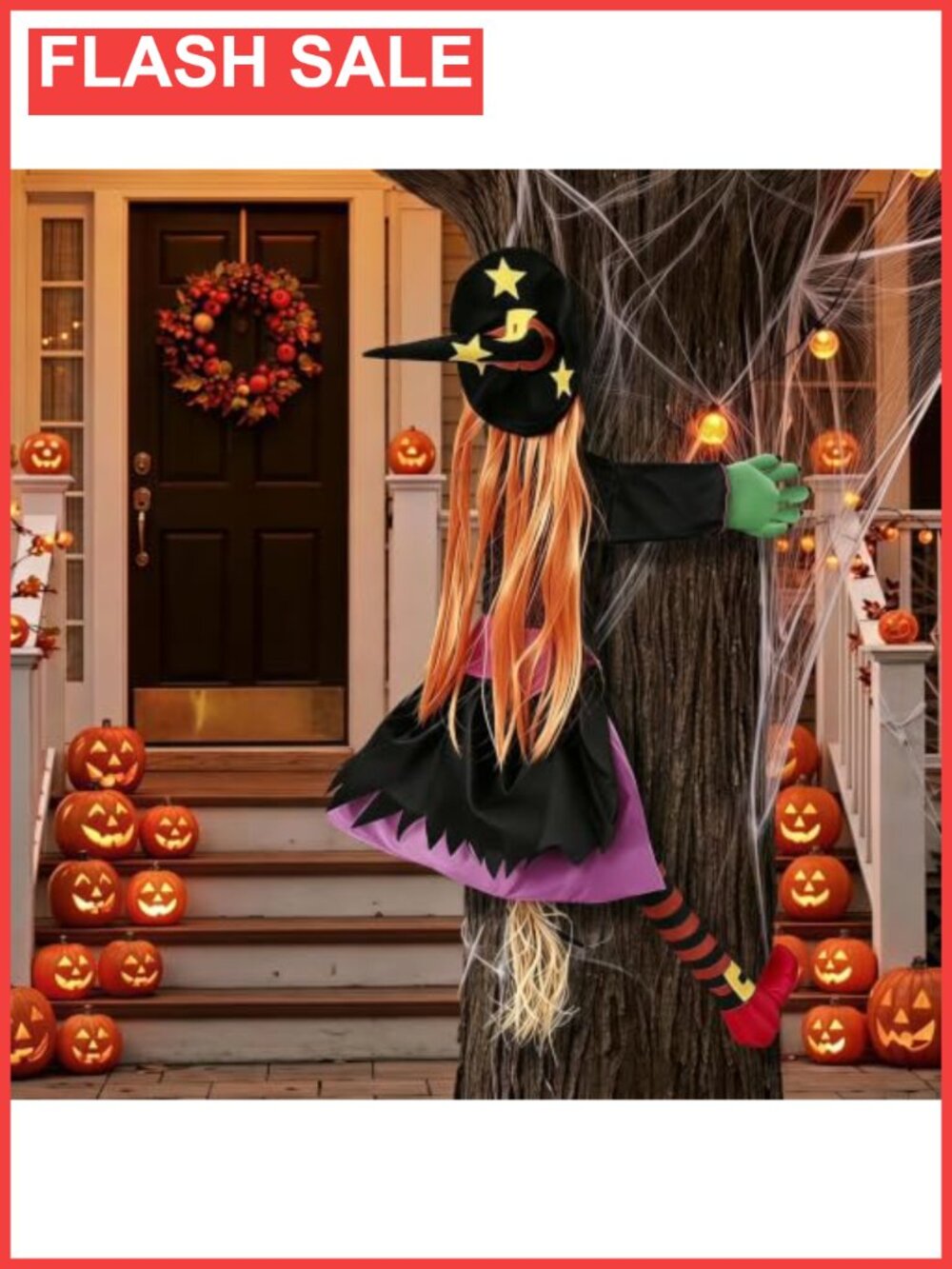 43in Crashing Witch Halloween Tree Hugging Yard Decoration Poseable Outdoor